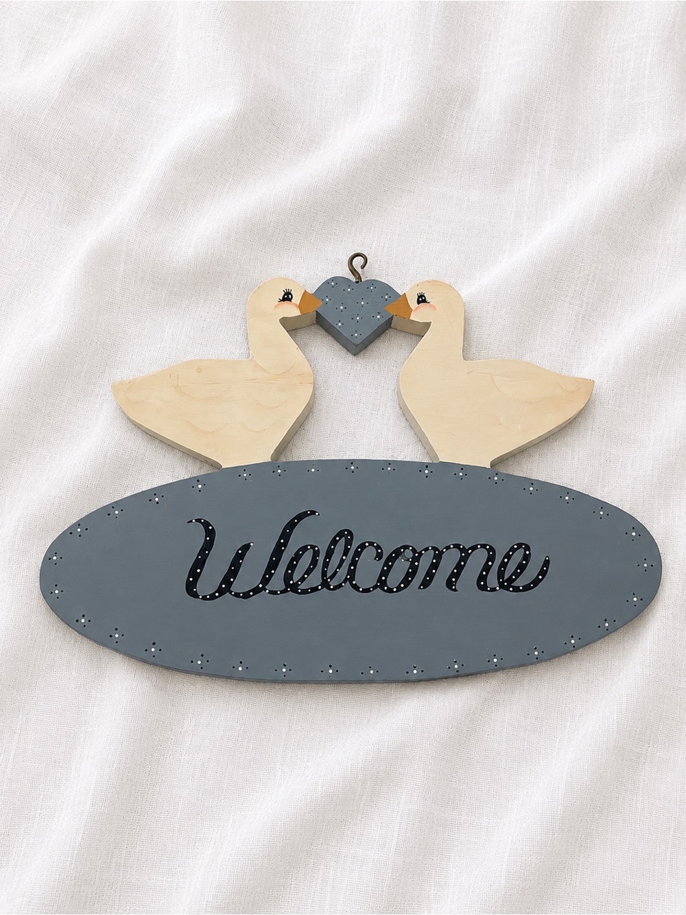 Vintage 90s Welcome Sign Wall Décor with Blue Gray Plaque and Cream Ducks